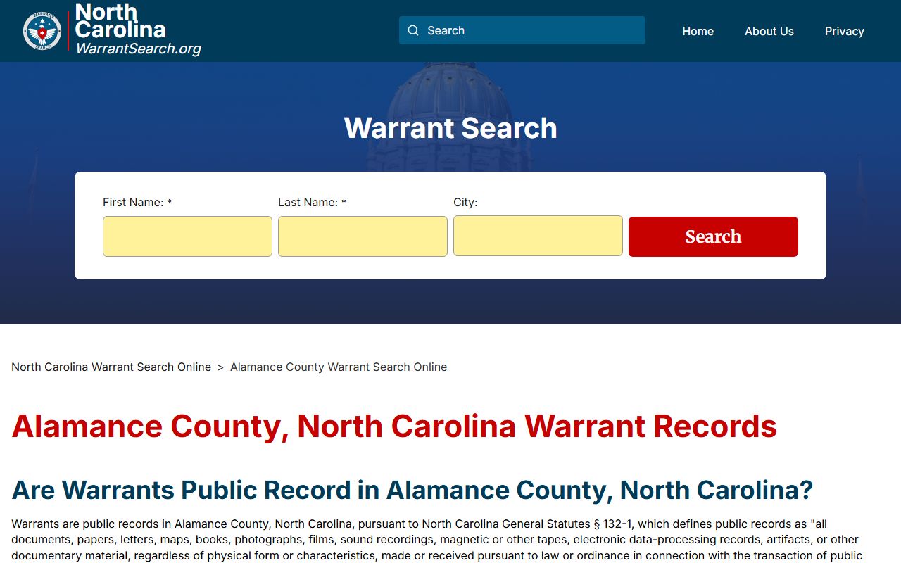 Alamance County warrant search page for bench warrants