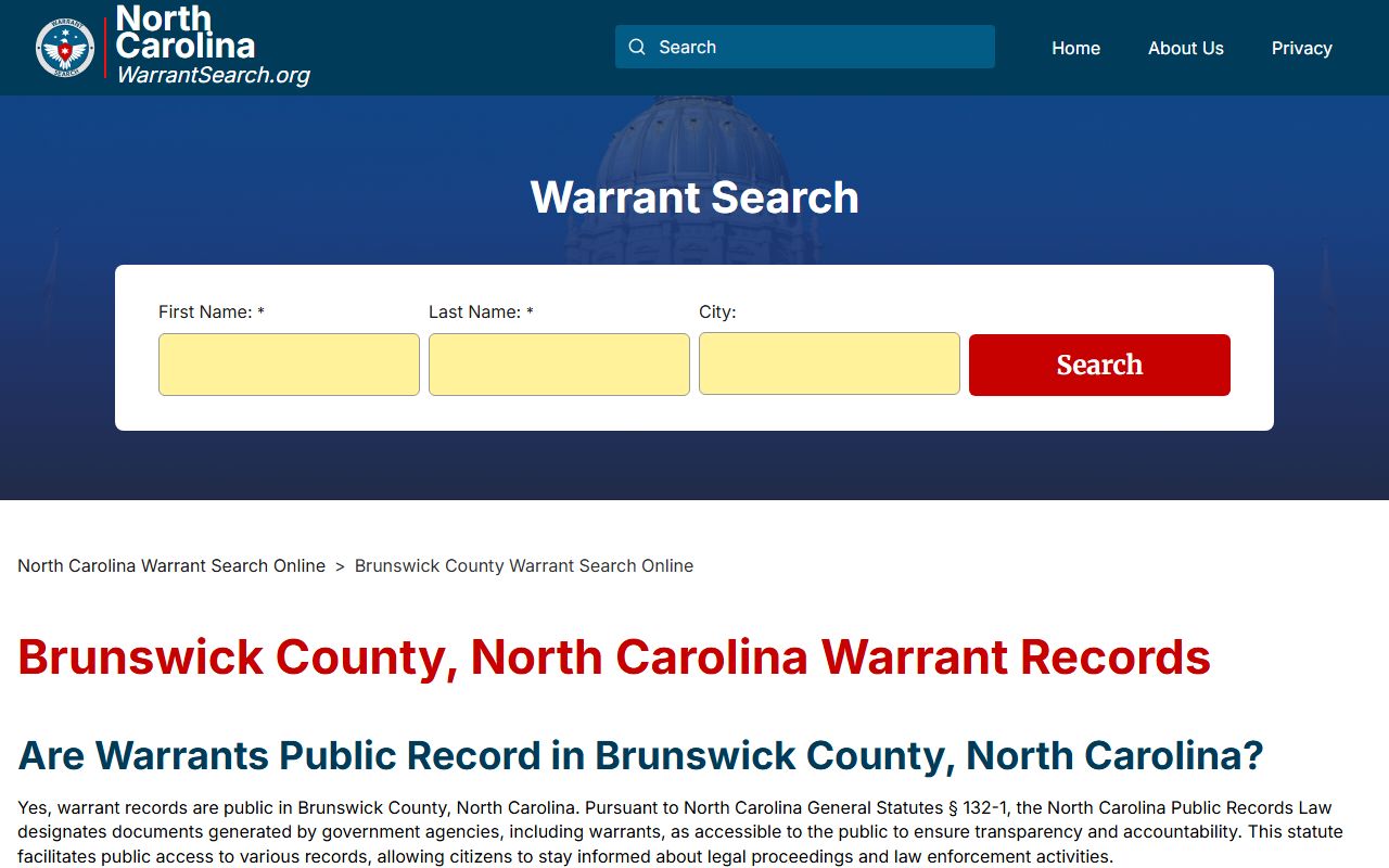 Brunswick County warrant search page for bench warrants