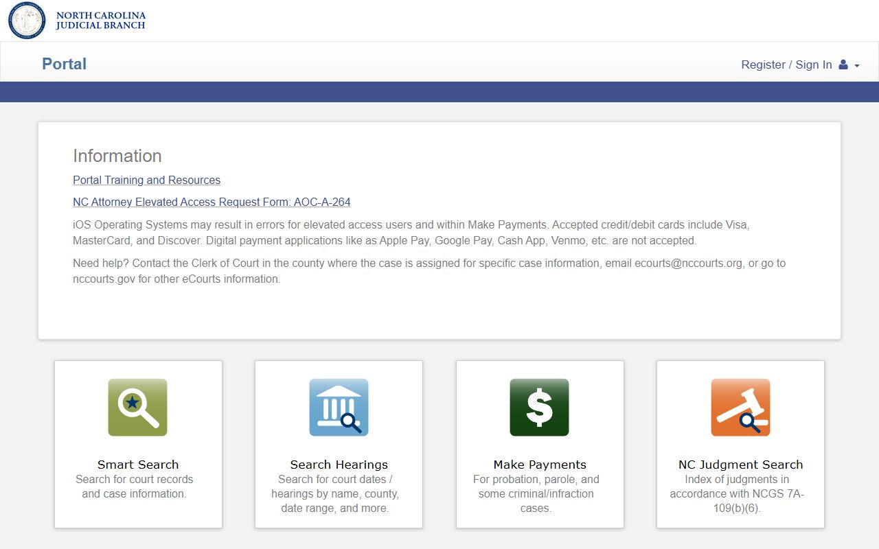 North Carolina eCourts portal login page for bench warrant case access