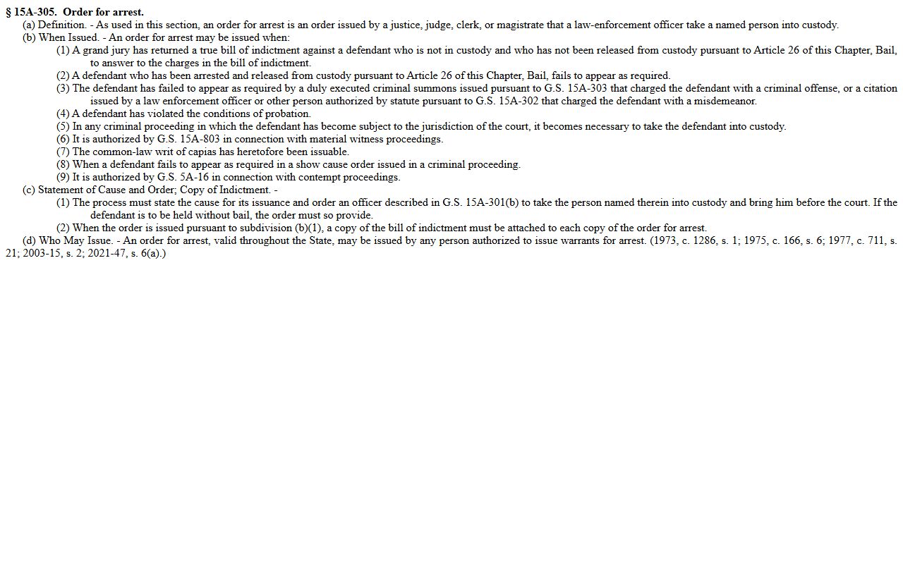 North Carolina General Statute 15A-305 governing bench warrants and orders for arrest