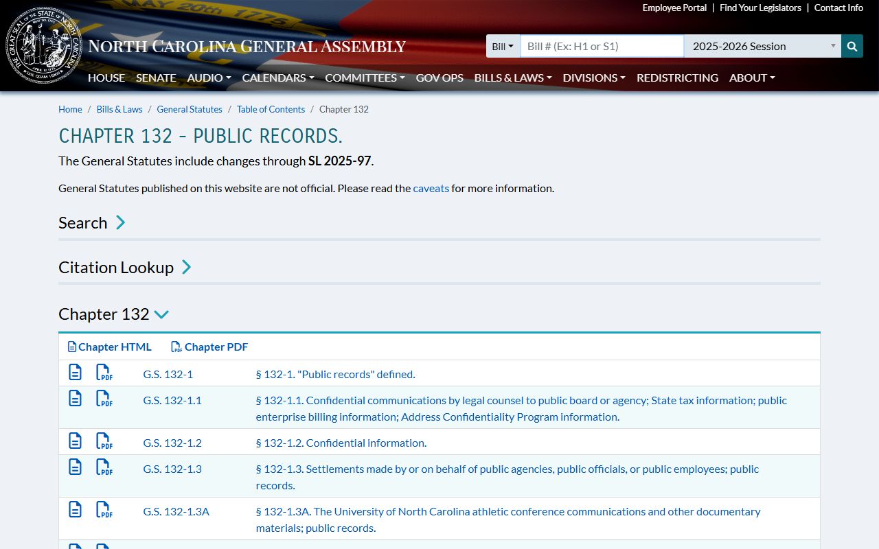 North Carolina Public Records Law Chapter 132 for bench warrant access