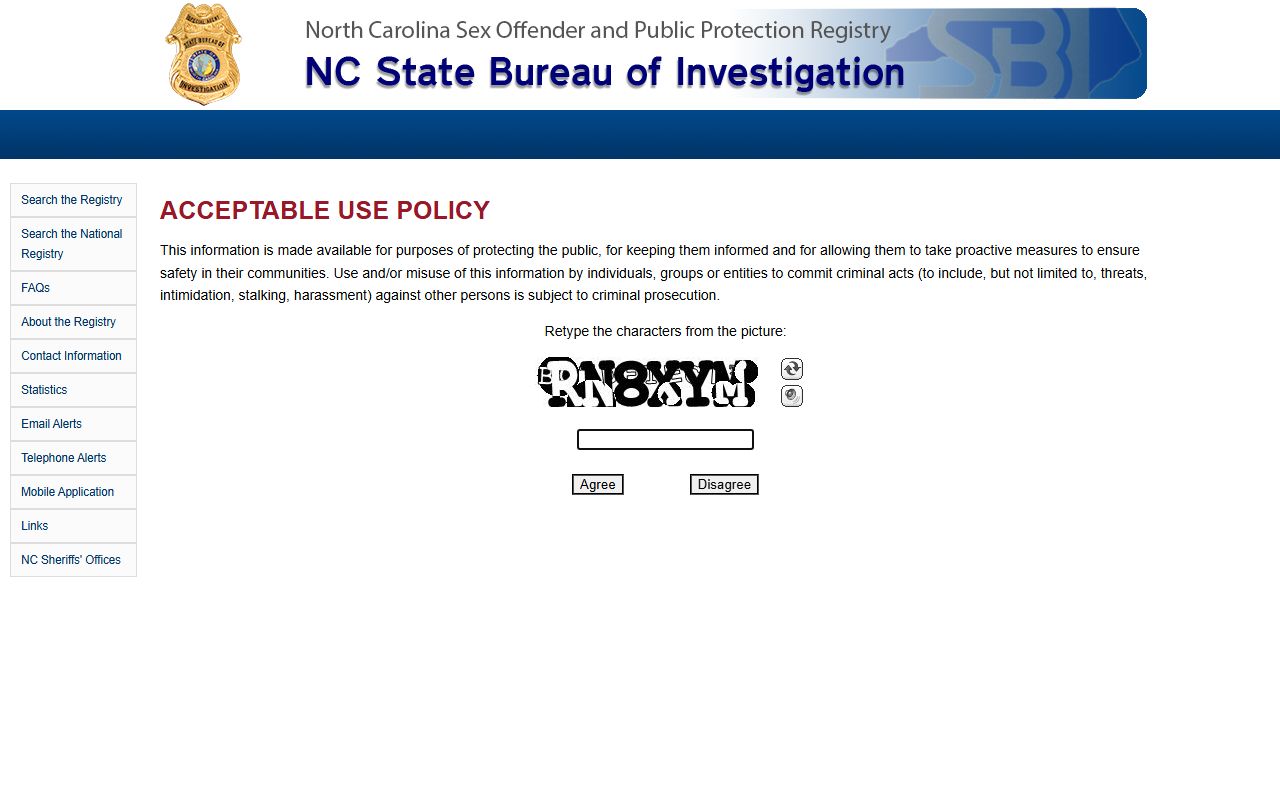 North Carolina Sex Offender Registry search for bench warrant related records